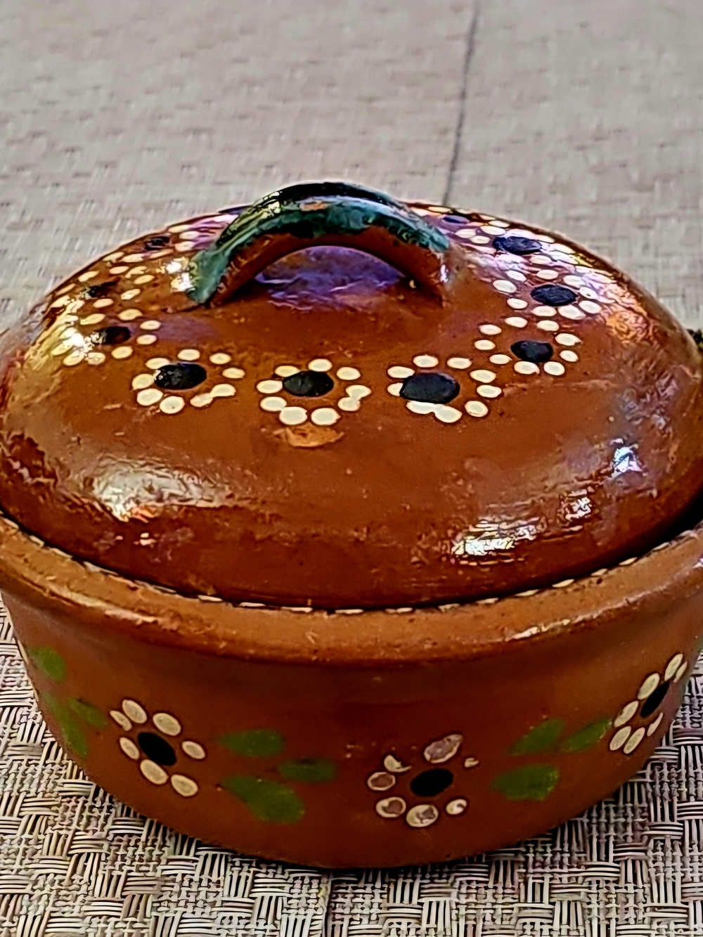 Traditional Mexican Clay Pot Brown Lidded Dish with Hand-painted Floral Accent